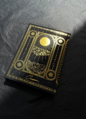 Tarot Journal for readings, runes and oracles, gold foil with black hardcover, with a sun and moon, by Cocorrina & Co