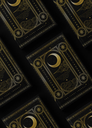 Tarot Journal for readings, runes and oracles, gold foil with black hardcover, with a sun and moon, by Cocorrina & Co