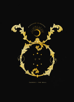 Taurus, The Bull Zodiac Sign in gold foil on black paper by Cocorrina & Co
