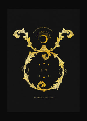 Taurus, The Bull Zodiac Sign in gold foil on black paper by Cocorrina & Co