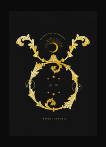 Taurus, The Bull Zodiac Sign in gold foil on black paper by Cocorrina & Co