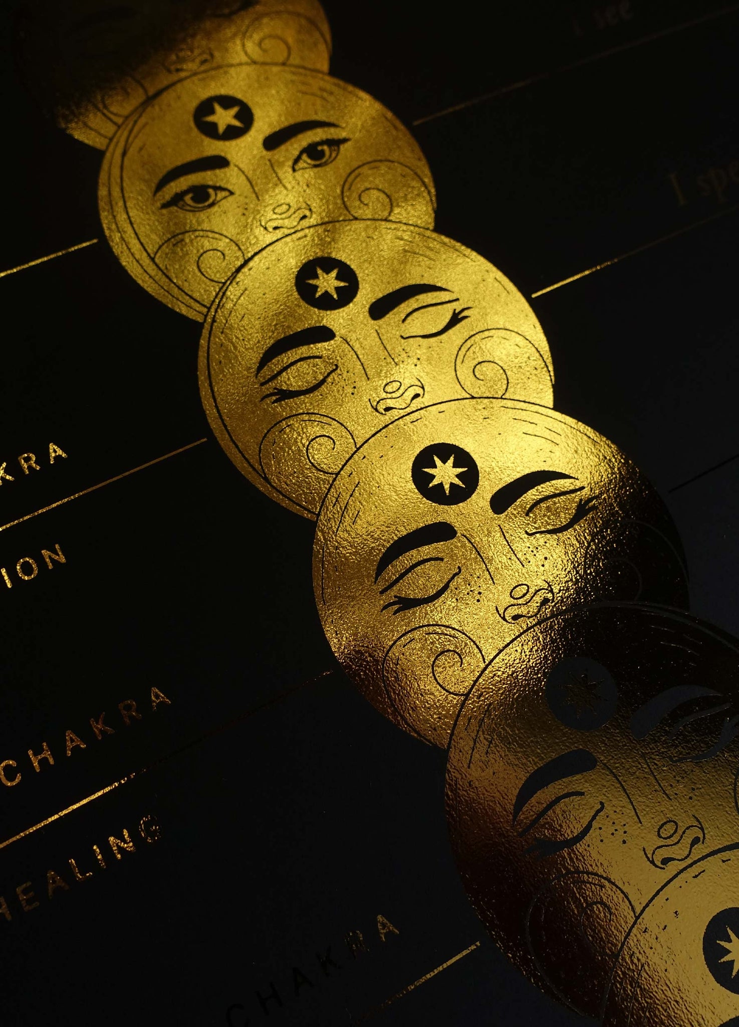 A Guide to the 7 Chakras with moon faces illustration gold foil on black paper art print by Cocorrina & Co