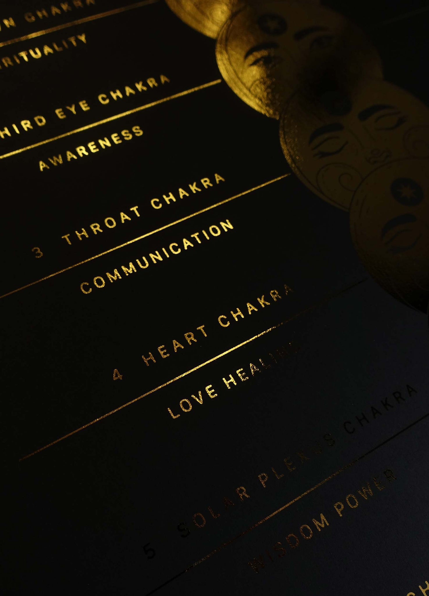 A Guide to the 7 Chakras with moon faces illustration gold foil on black paper art print by Cocorrina & Co