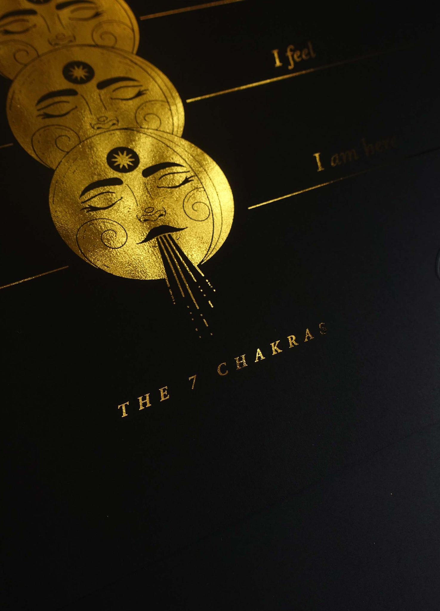 A Guide to the 7 Chakras with moon faces illustration gold foil on black paper art print by Cocorrina & Co