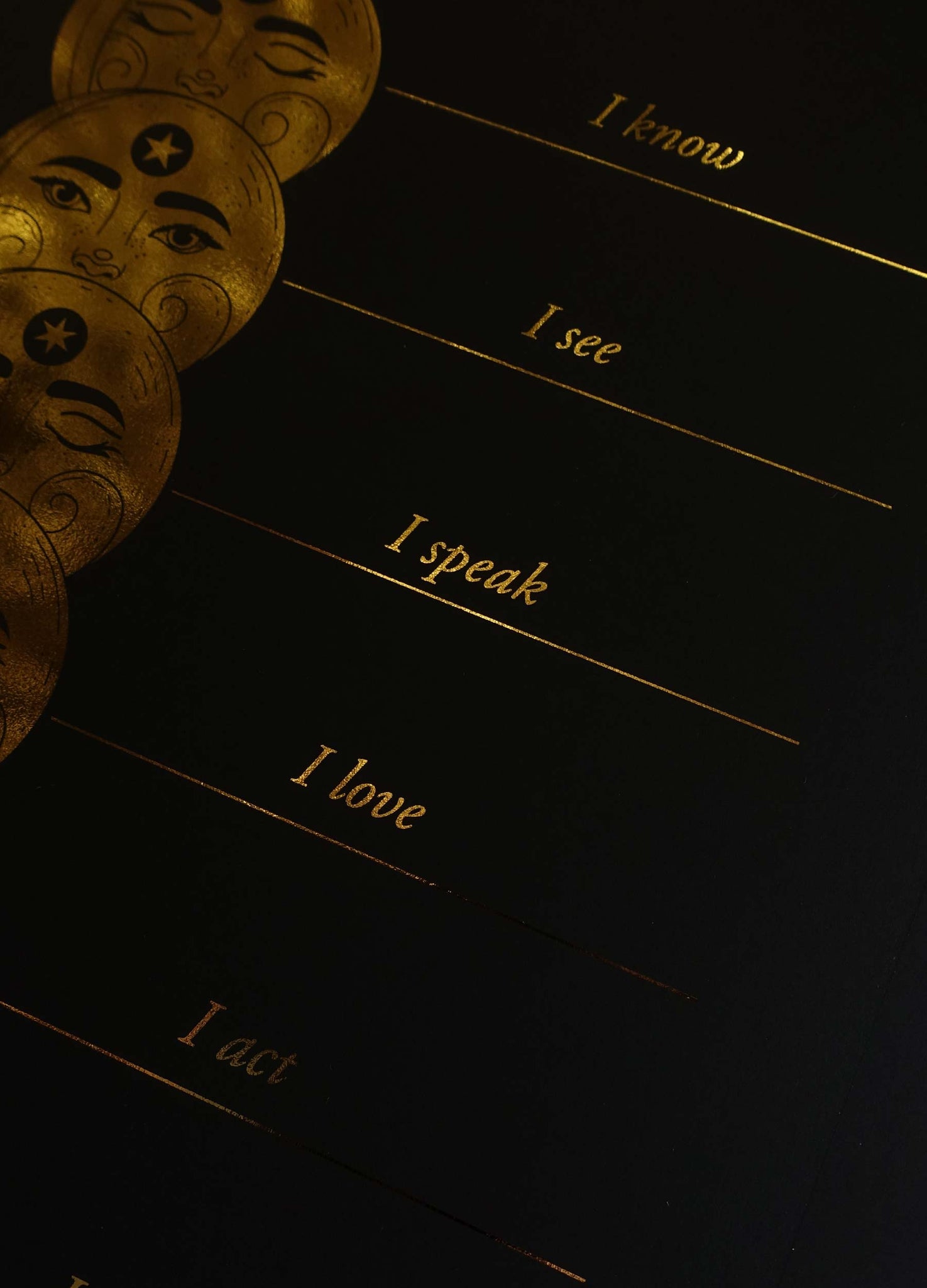 A Guide to the 7 Chakras with moon faces illustration gold foil on black paper art print by Cocorrina & Co