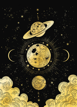 The Great Conjunction with Saturn and Jupiter and moon gold foil art print on black paper by Cocorrina & Co