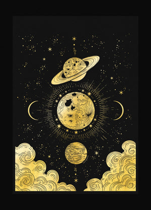 The Great Conjunction with Saturn and Jupiter and moon gold foil art print on black paper by Cocorrina & Co