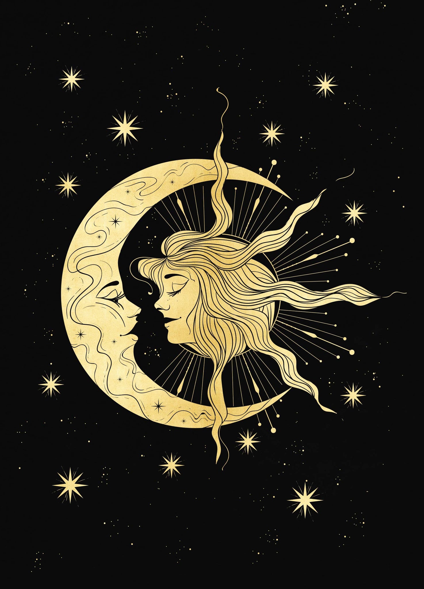 The Lovers Sun & Moon gold foil print on black paper by Cocorrina & Co Shop and Design Studio