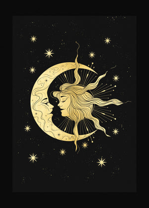 The Lovers Sun & Moon gold foil print on black paper by Cocorrina & Co Shop and Design Studio