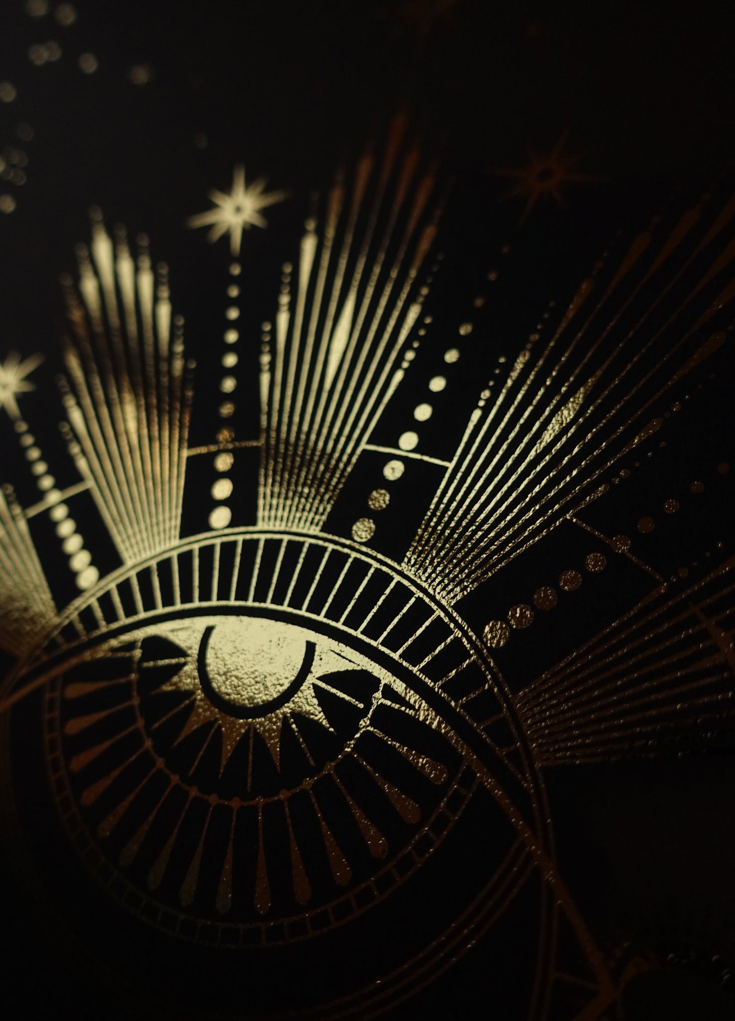 The Minds Eye art print in gold foil and black paper with stars and moon by Cocorrina