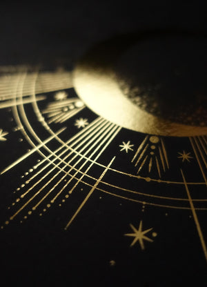 Moon Totem art print in gold foil and black paper with stars and moon by Cocorrina