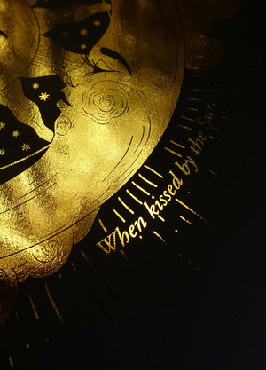 The Moon Glows when Kissed by the Sun illustration gold foil on black paper art print by Cocorrina & Co