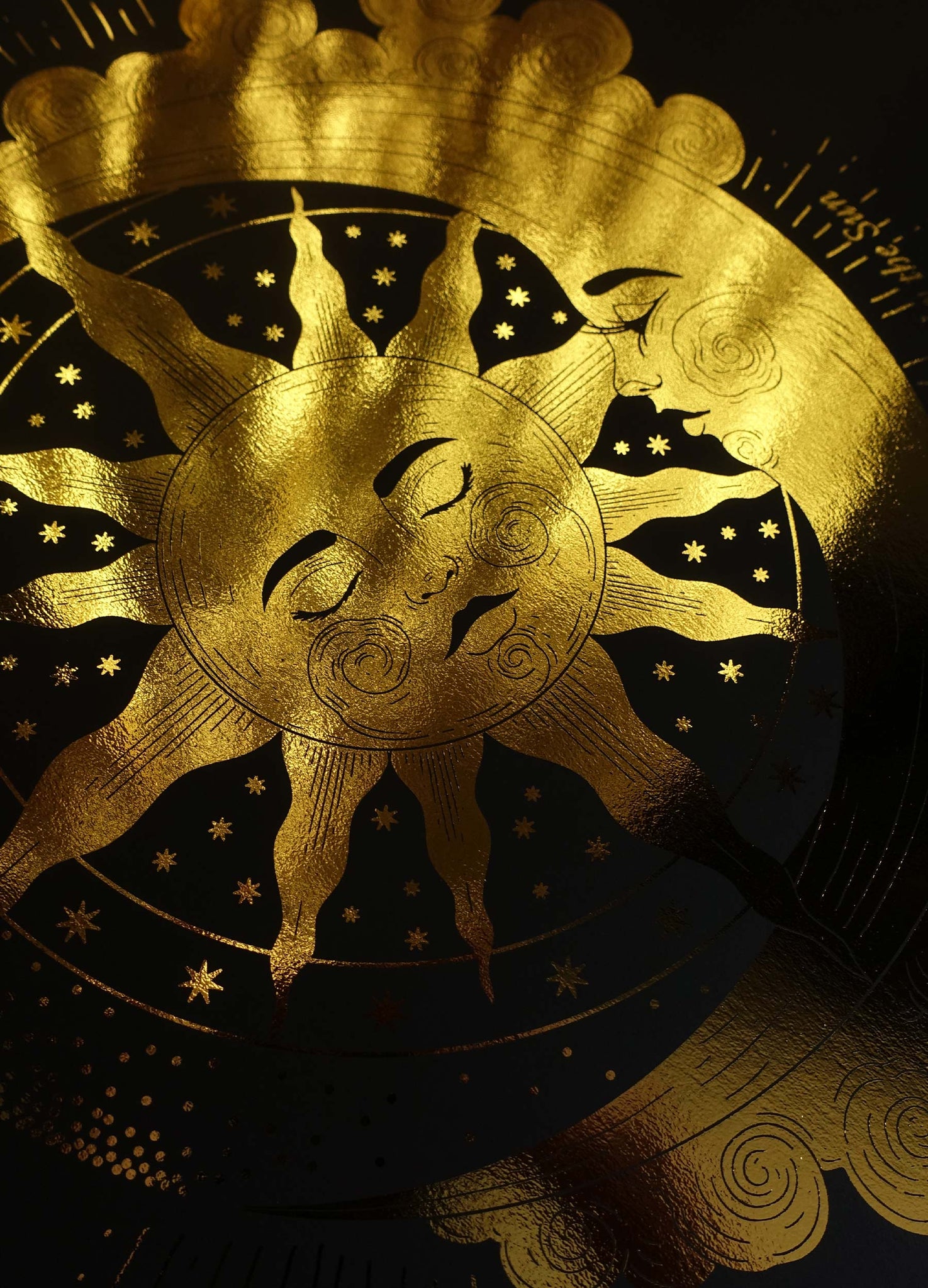 The Moon Glows when Kissed by the Sun illustration gold foil on black paper art print by Cocorrina & Co