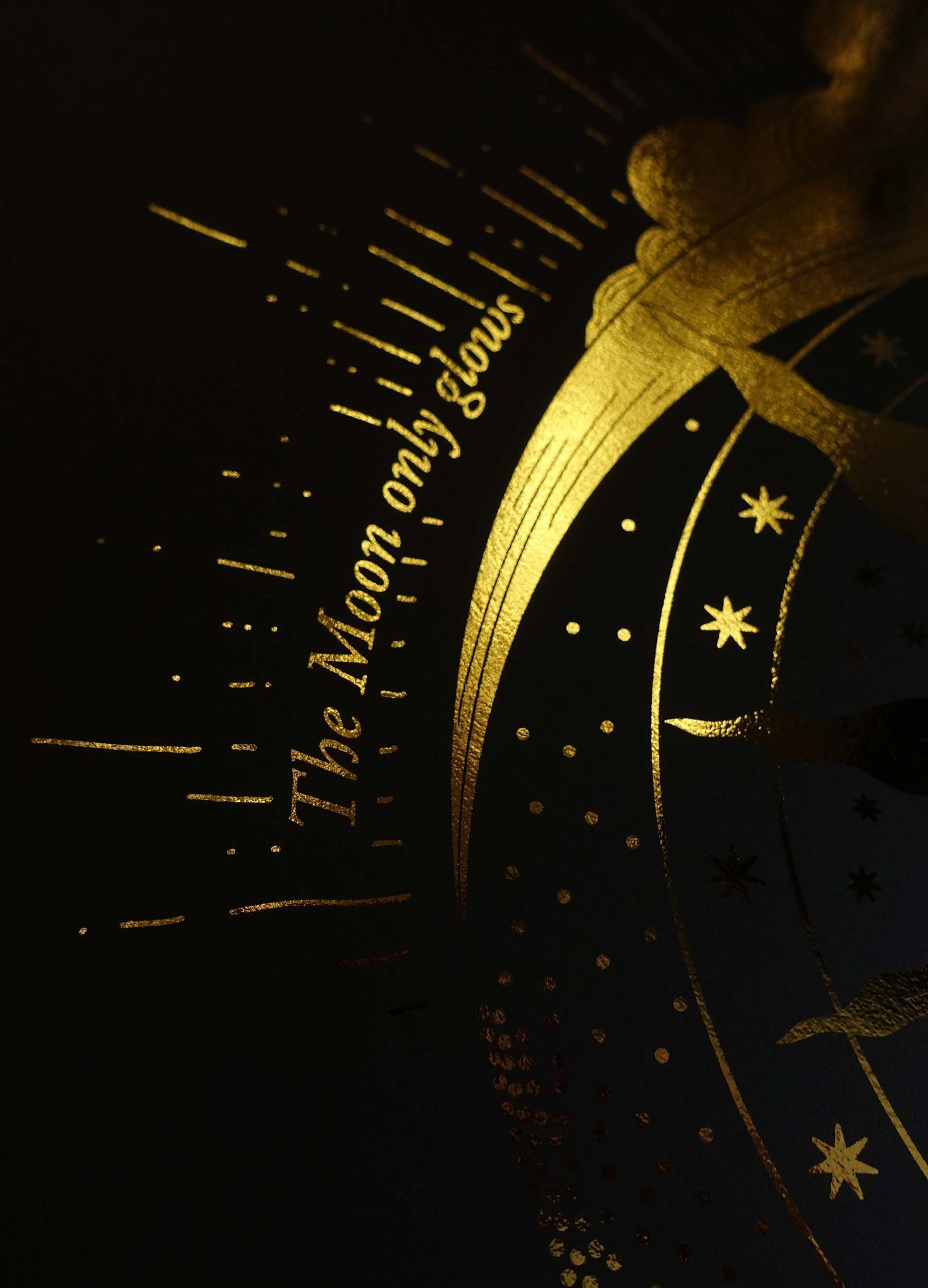 The Moon Glows when Kissed by the Sun illustration gold foil on black paper art print by Cocorrina & Co