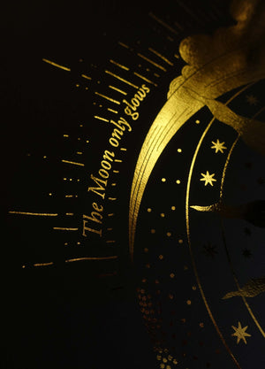 The Moon Glows when Kissed by the Sun illustration gold foil on black paper art print by Cocorrina & Co