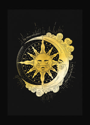 The Moon Glows when Kissed by the Sun illustration gold foil on black paper art print by Cocorrina & Co
