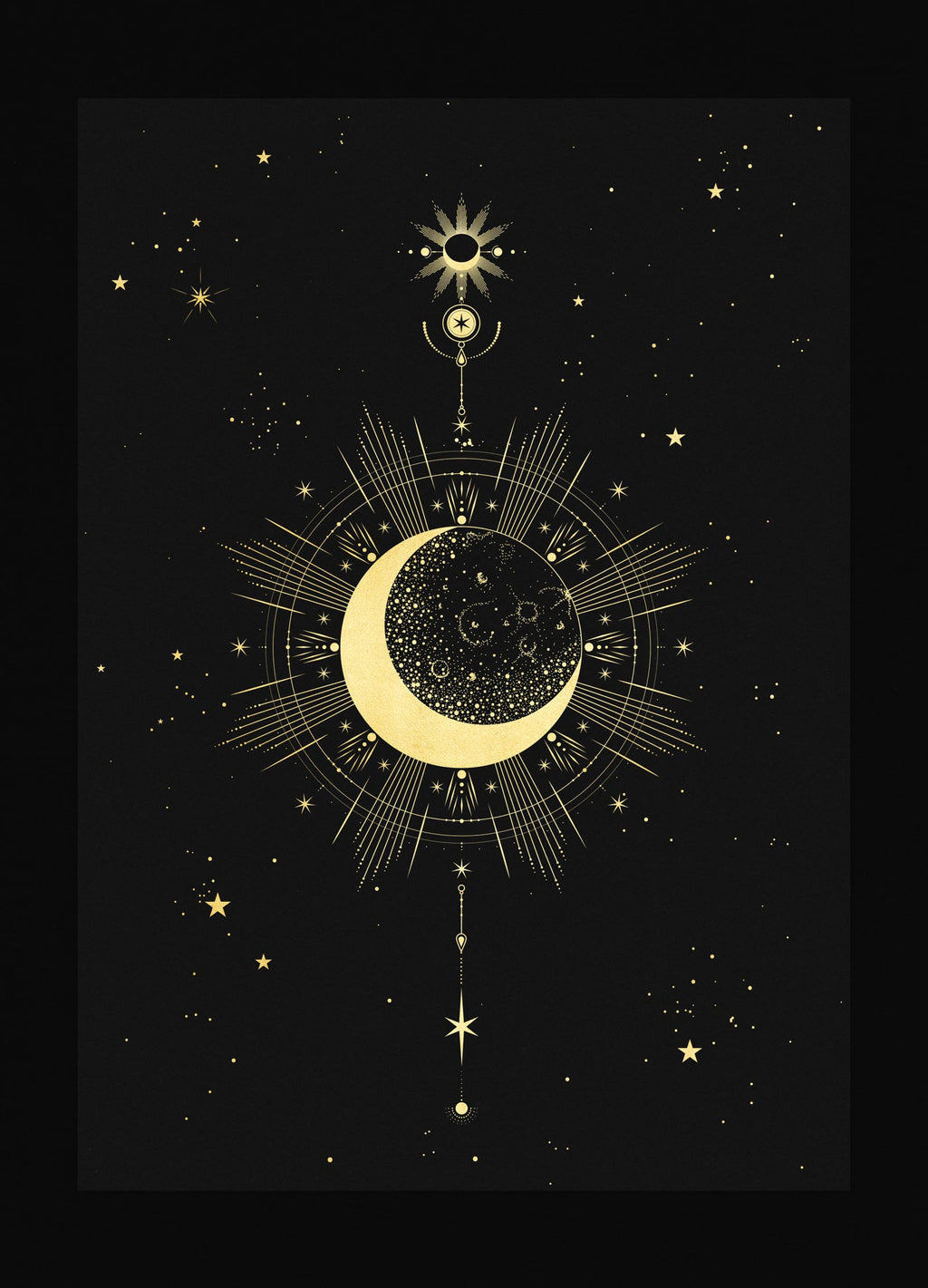 Moon Totem art print in gold foil and black paper with stars and moon by Cocorrina