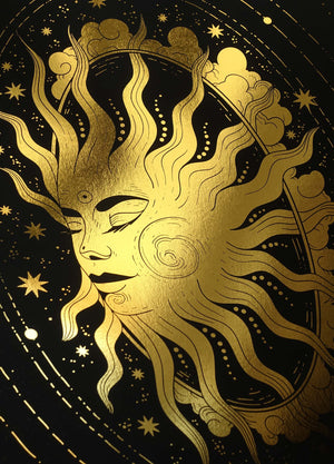 The Sun gold foil art print on black paper by Cocorrina & Co