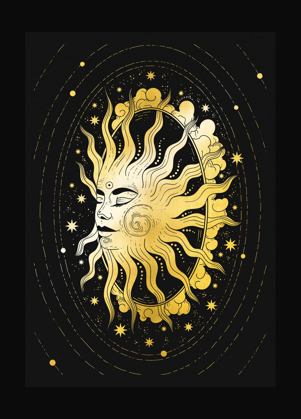 The Sun gold foil art print on black paper by Cocorrina & Co