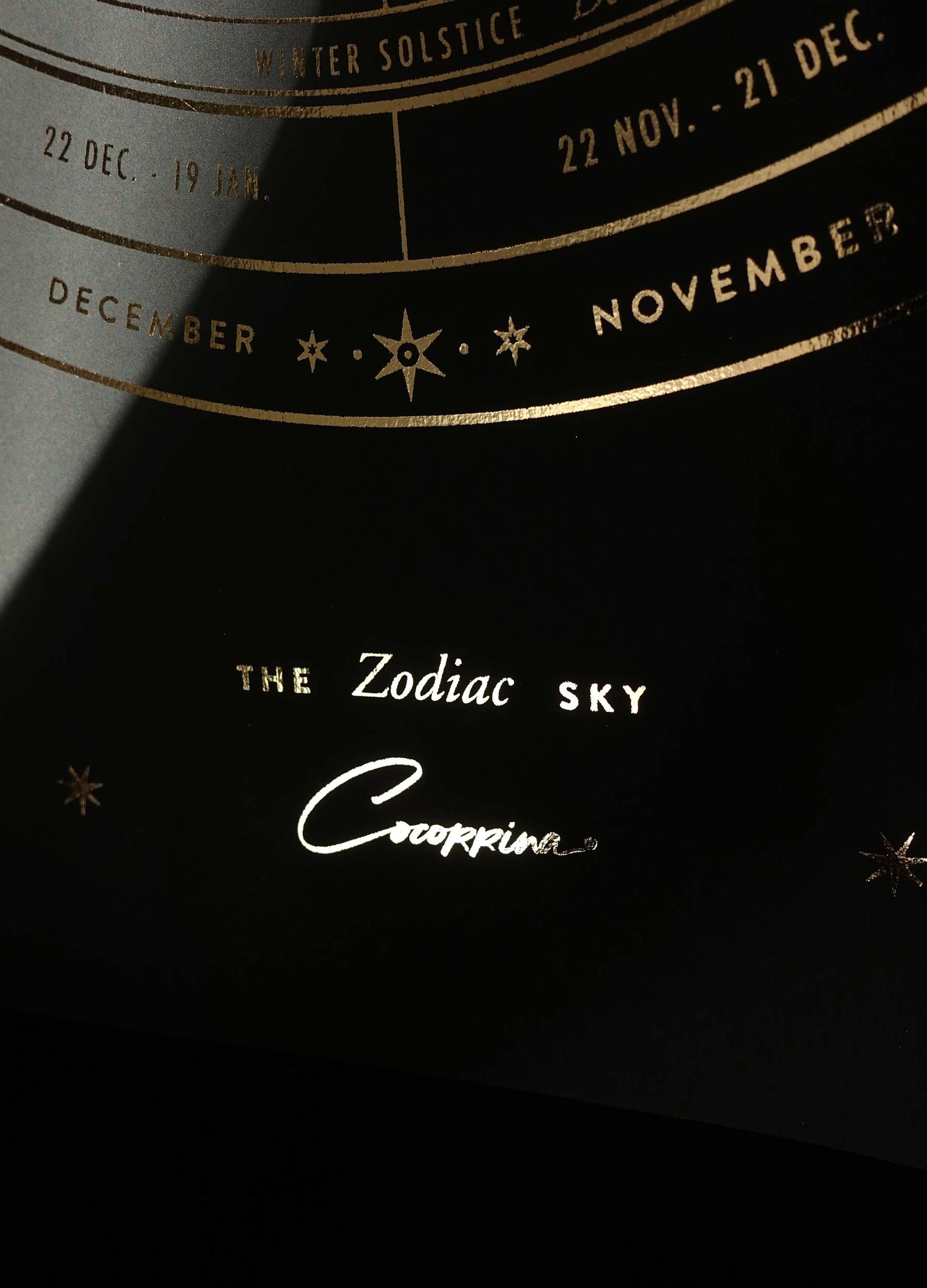 The Zodiac Sky, a Zodiac Wheel of the signs, planets, attributes and houses by Cocorrina & Co a Print in gold foil on black paper