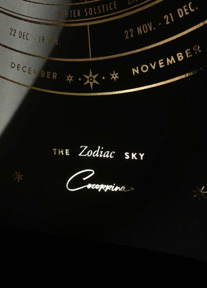 The Zodiac Sky, a Zodiac Wheel of the signs, planets, attributes and houses by Cocorrina & Co a Print in gold foil on black paper