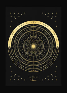 The Zodiac Sky, a Zodiac Wheel of the signs, planets, attributes and houses by Cocorrina & Co a Print in gold foil on black paper