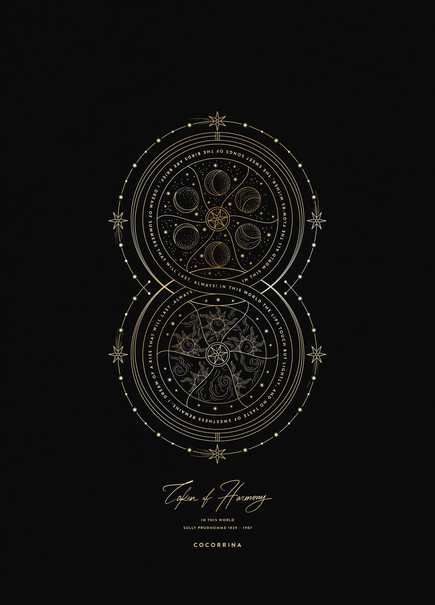 Token of Harmony, a symbol of number 2 and duality gold foil artwork on black  paper by Cocorrina & Co