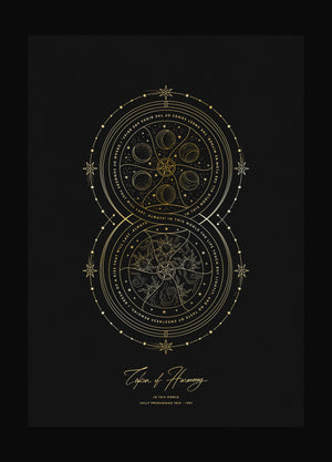 Token of Harmony, a symbol of number 2 and duality gold foil artwork on black  paper by Cocorrina & Co