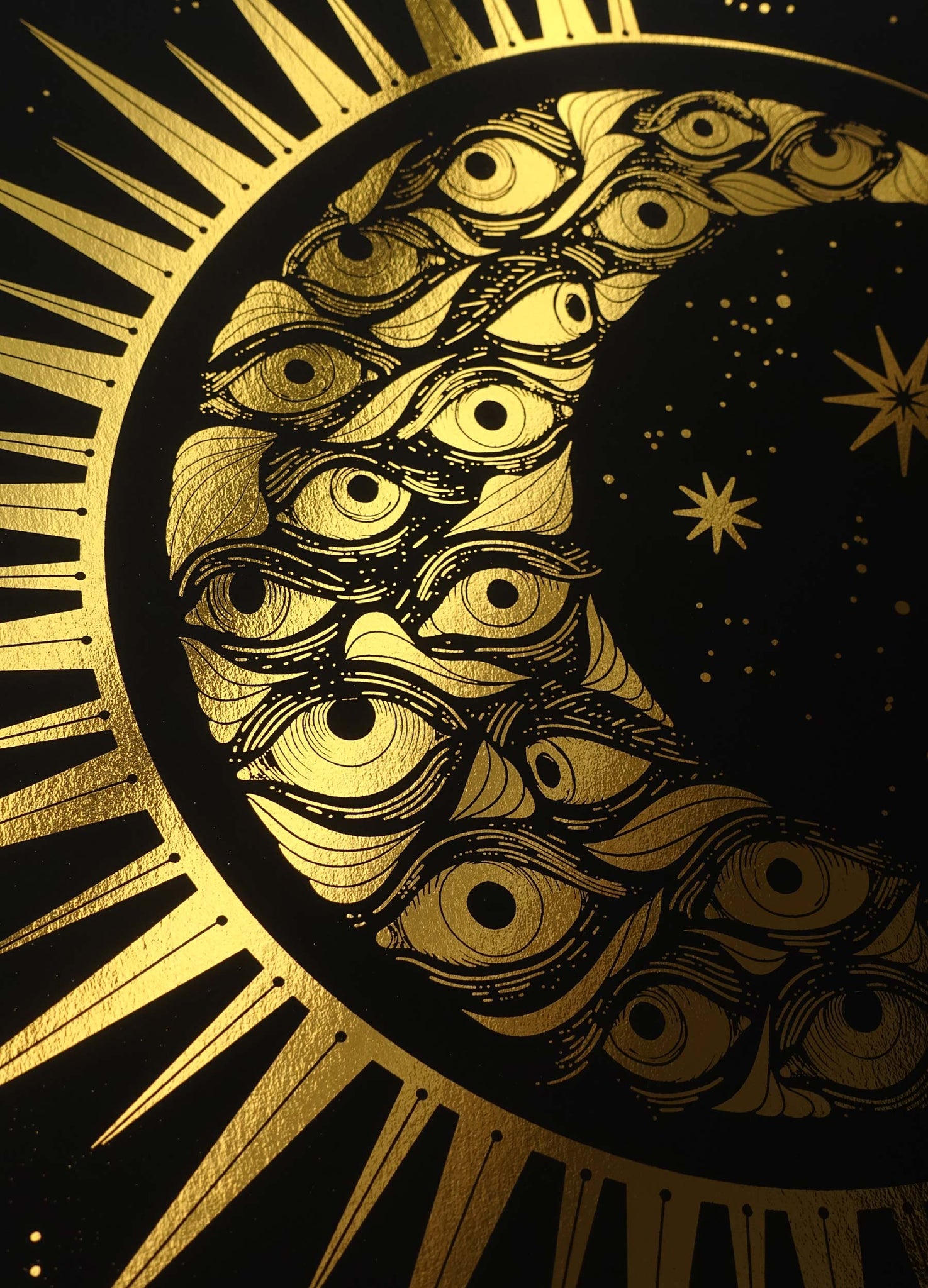 Eye Moon gold foil art print on black paper by Cocorrina & Co