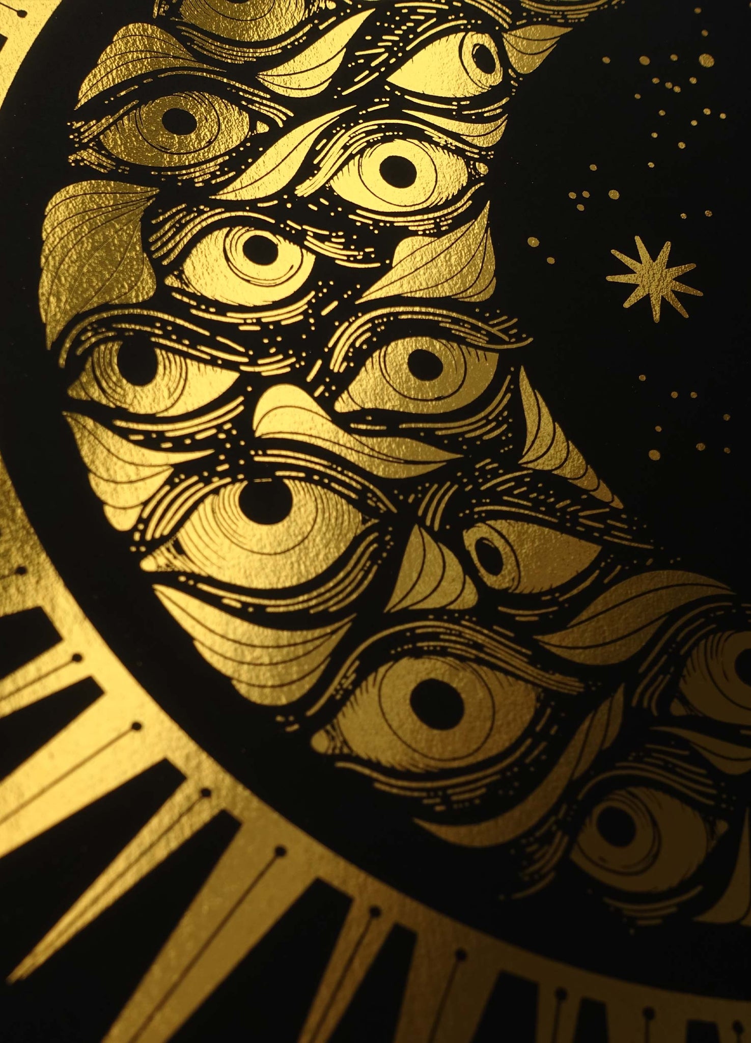 Eye Moon gold foil art print on black paper by Cocorrina & Co