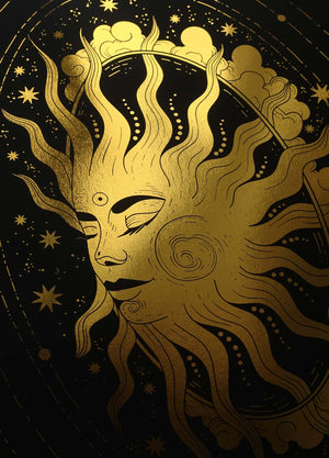 The Sun gold foil art print on black paper by Cocorrina & Co