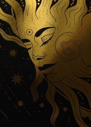 The Sun gold foil art print on black paper by Cocorrina & Co