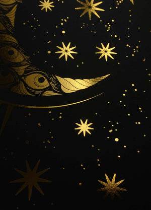 Eye Moon gold foil art print on black paper by Cocorrina & Co