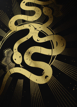 Twin Flames, soulmate snakes artwork print with gold foil on black paper by artist and studio Cocorrina