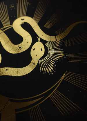 Twin Flames, soulmate snakes artwork print with gold foil on black paper by artist and studio Cocorrina