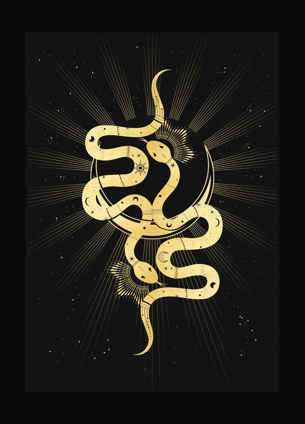 Twin Flames, soulmate snakes artwork print with gold foil on black paper by artist and studio Cocorrina