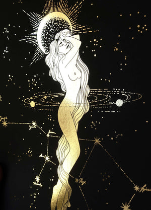 Virgo Zodiac Sign and Constellation Print gold foil on black paper by Cocorrina & Co