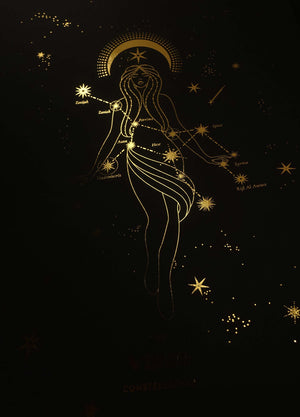 Virgo Constellation gold foil art print on black paper by Cocorrina & design studio and shop