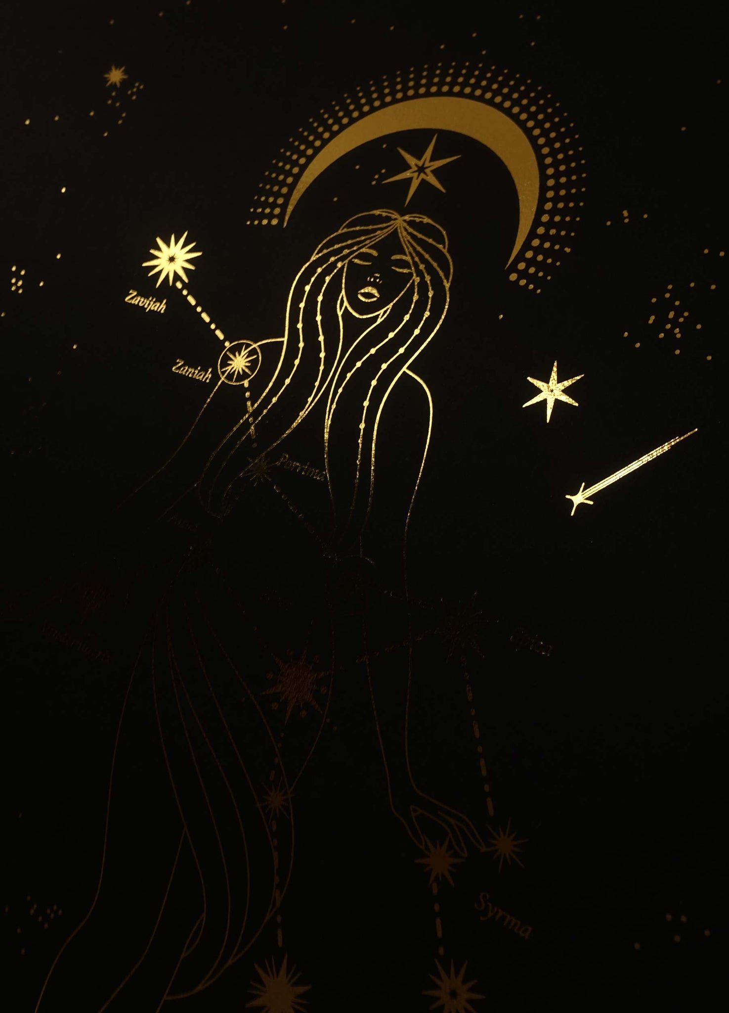 Virgo Constellation gold foil art print on black paper by Cocorrina & design studio and shop
