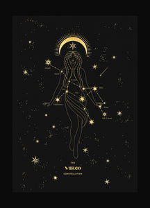 Virgo Constellation gold foil art print on black paper by Cocorrina & design studio and shop