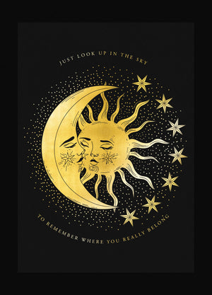 Where we belong, moon and sun embrace gold foil art print on high quality black paper by Cocorrina & Co