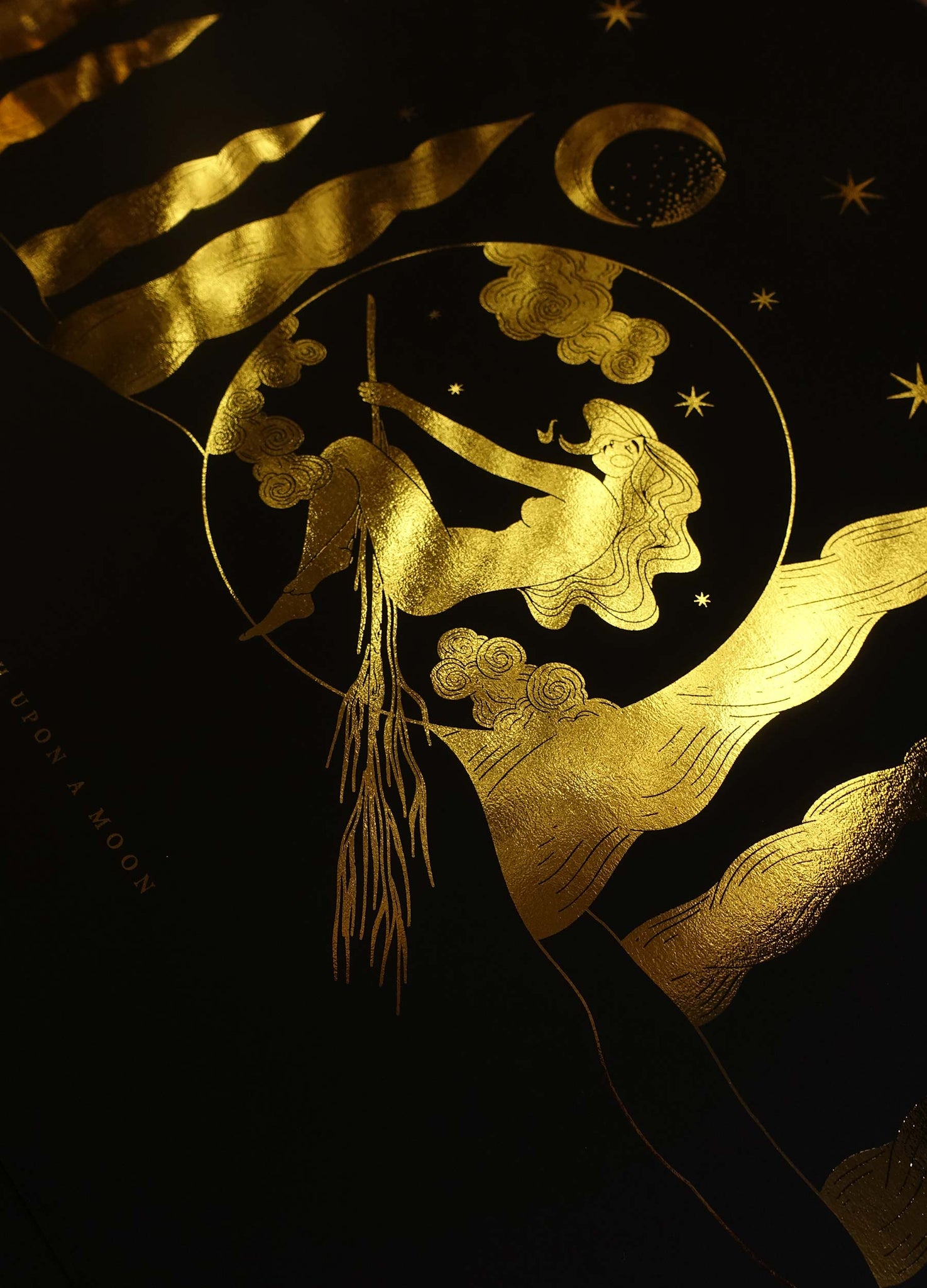 Wish upon a moon Witch on a broom in the forest illustration art print in gold foil on black paper by Cocorrina & Co