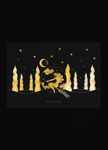Wish upon a moon Witch on a broom in the forest illustration art print in gold foil on black paper by Cocorrina & Co