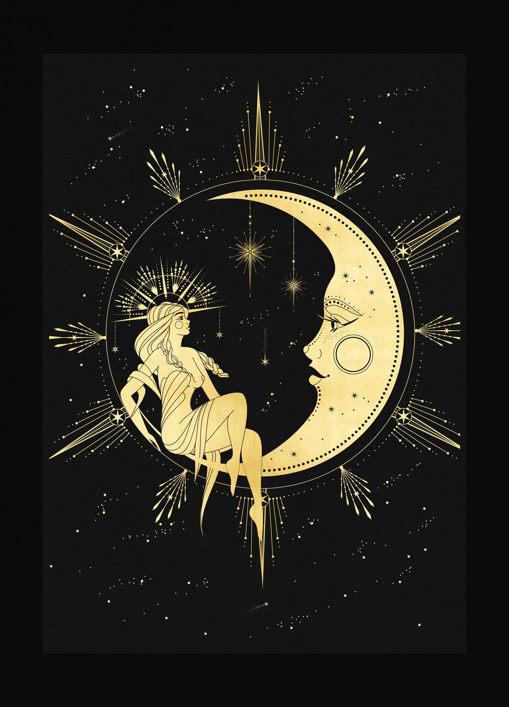 The Moon & The Witch Gold foil art print on black paper by Cocorrina & Co Shop