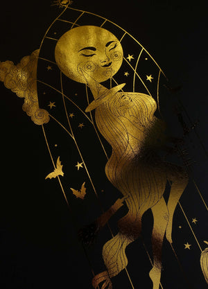 Witch Rise, Halloween on a broom gold foil art print illustration on black paper by Cocorrina & Co