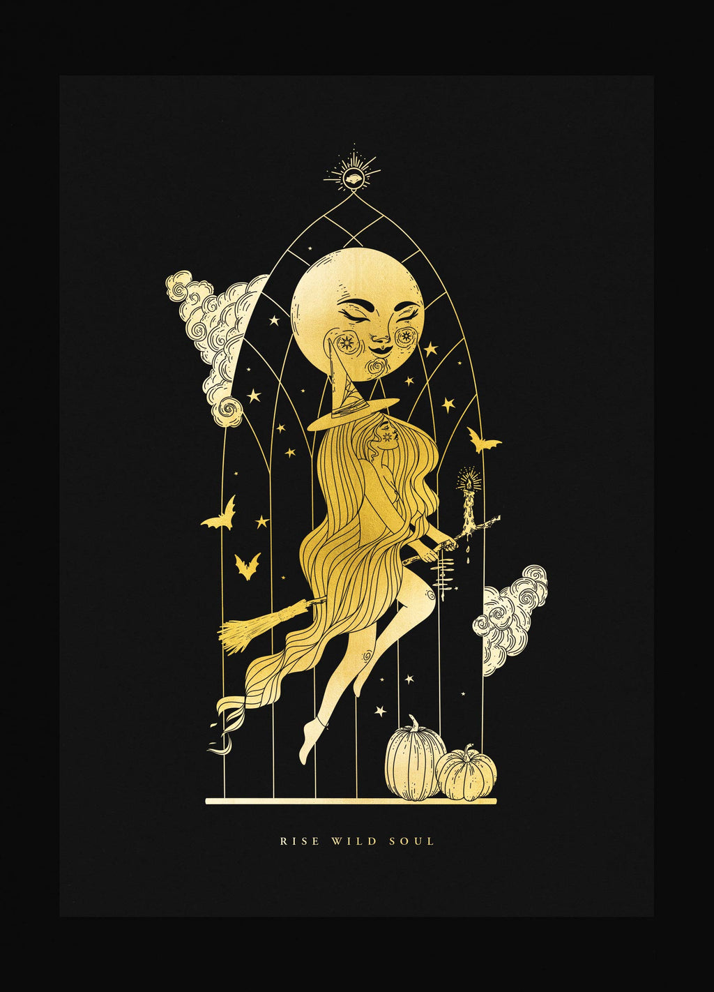 Witch Rise, Halloween on a broom gold foil art print illustration on black paper by Cocorrina & Co