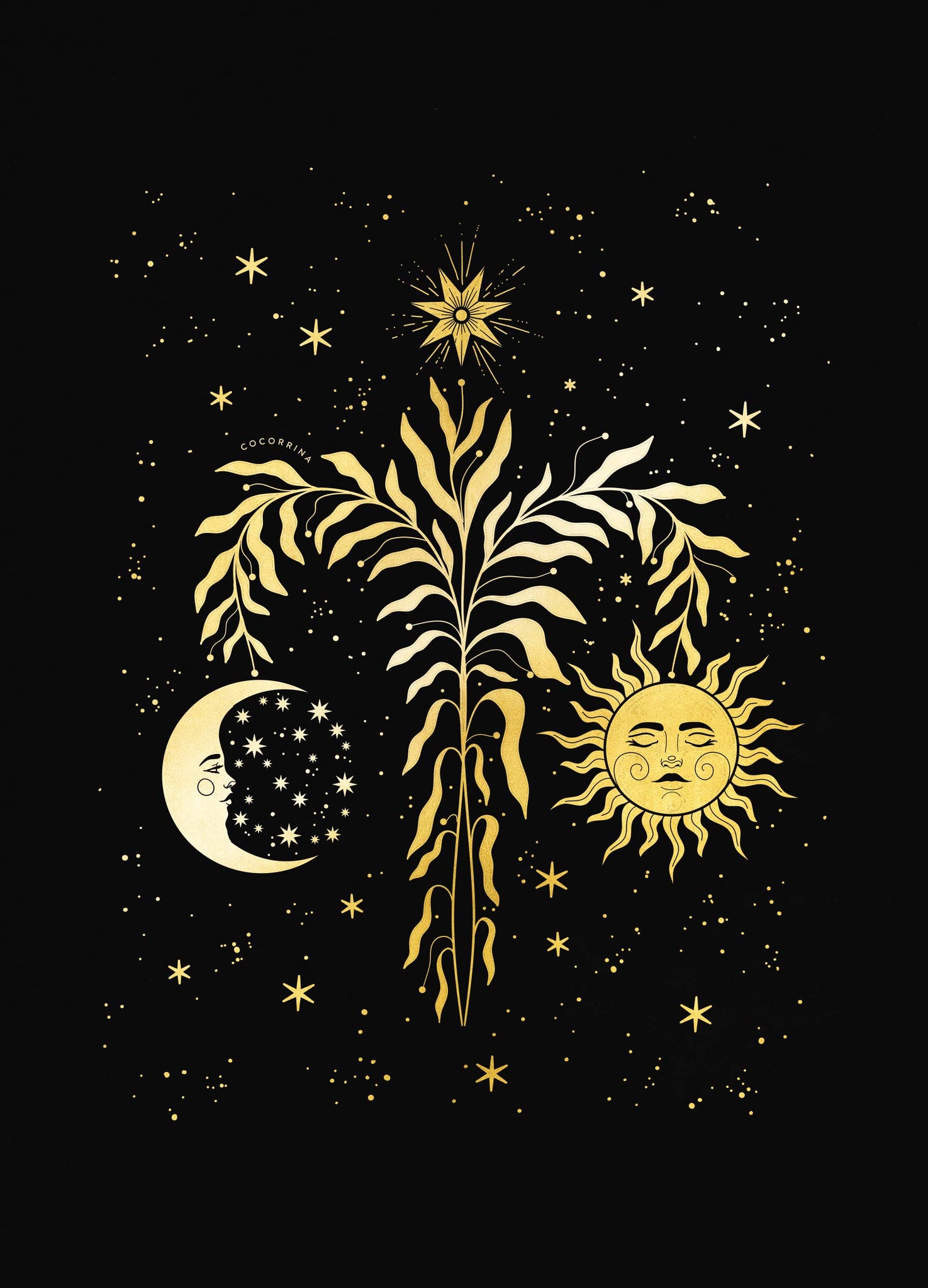 The Yule tree with a sun, moon and star gold foil art print on black paper by Cocorrina & Co